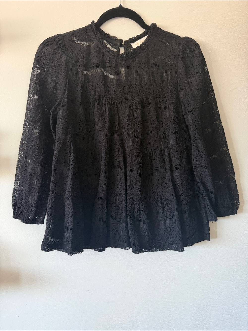 Monteau Los Angeles|Black Lace 3/4 Long Sleeve Babydoll Peasant Top|Large|EUC